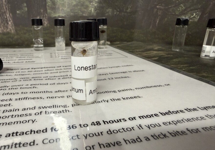 A small clear vial filled with a clear liquid is seen sitting on a white piece of paper that has typed words on it. Inside the vial, a red tick is suspended in the liquid. The vial has a label that reads "lonestar". Behind the vial, other vials can be seen lined up against a forest backdrop.