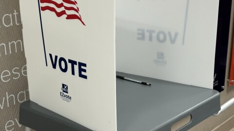 A voting booth is shown in Sioux City, Iowa, in October 2024. (Bret Hayworth, Siouxland Public Media News)