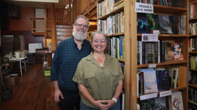 In this Sept. 1, 2026 photo, Wild Geese Books' new owners (from left) Bil and Julia Morrill are spending the days leading up to the stores opening cleaning and reorganizing the stock that came with the store when they bought it.