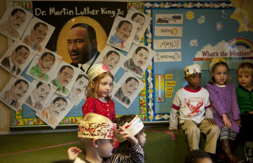 Elspeth Ventresca, center, and the rest of Carolyn Barnhardt's prekindergarten class at John Eaton Elementary School wear the crowns they made to celebrate Rev. Martin Luther King Jr.'s birthday.