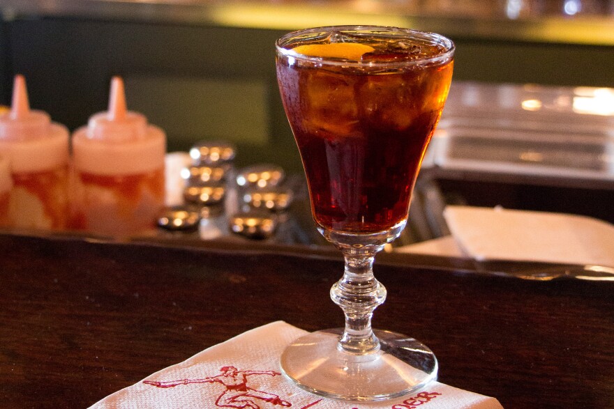 Image of a picon punch cocktail at the bar of a Basque bar in Reno Nevada