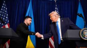 President Donald Trump and Ukraine's President Volodymyr Zelenskyy shake hands at the start of a joint news conference following a meeting at Trump's Mar-a-Lago club, Sunday, Dec. 28, 2025, in Palm Beach, Fla. (Alex Brandon/AP)