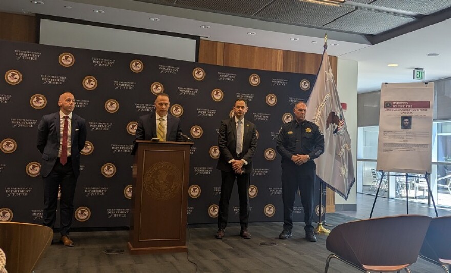 At a press conference on May 19, 2026 at the Wayne Morse U.S. Courthouse in Eugene, officials credited collaboration between local and federal law enforcement to disrupt a burglary ring targeting Asian Americans in Eugene. From left, US Attorney Scott Bradford, Lane County District Attorney Chris Parosa, Special Agent in charge of the FBI in Oregon Douglas Olson, and Eugene Police Chief Chris Skinner.
