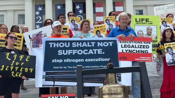 Protesters gather outside the Capitol in Montgomery, Alabama on Monday, June 8, 2026, to oppose an upcoming execution.