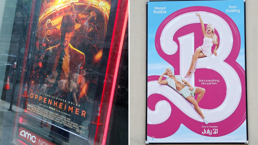 Posters advertise <em>Oppenheimer</em> and <em>Barbie</em> in New York and California, respectively. They both hit theaters nationwide on Friday.