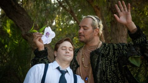 Dane Olivern (left) plays Demetrius and Seta Waininqolo plays Oberon in the Kingsmen Shakespeare Festival’s production of A Midsummer Night’s Dream now though through July 5.