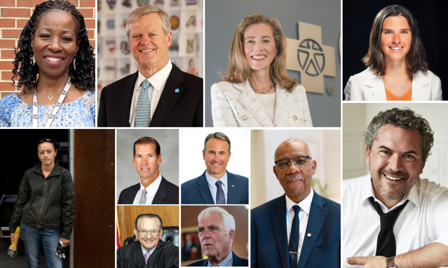 Commencement speakers include clockwise from top row, left: Princess Sirleaf Bomba; Charlie Baker; Martha Wofford; Cole Brauer; Cody Keenan; Judge Clifton B. Newman; Greg Cook (top); George Nee (bottom); David Beirne (top); Judge Frank Caprio (bottom); Rose B. Simpson.