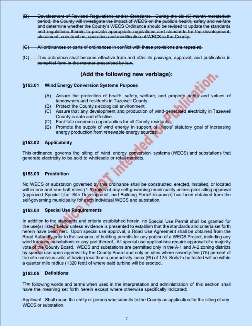 The first page of the proposed new wind ordinance proposed by the United Citizens of Tazewell County.