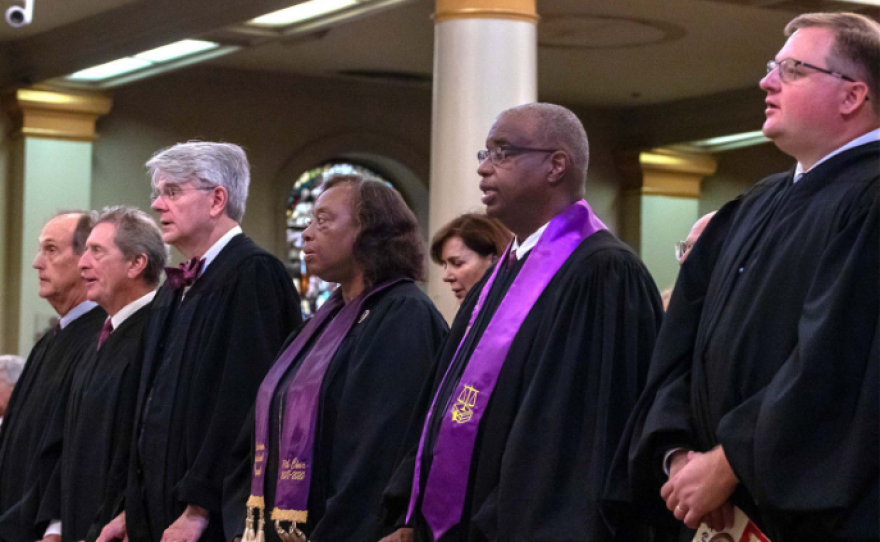 From left: Louisiana Supreme Court Chief Justice John L. Weimer, Associate Justices William J. Crain, Jay B. McCallum, Piper D. Griffin, John Michael Guidry and Cade R. Cole attend the annual Red Mass at St. Louis Cathedral in New Orleans on October 6, 2025.