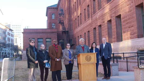 Judge Peter Sakai (middle) and disability advocates gathered together at the opening of the new all accessible ramp at the Bexar County Courthouse.