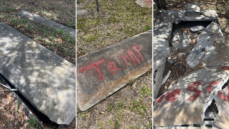 Three vertical images of damaged concrete burial vaults and headstones are edited together into a single, horizontal feature photo. The photo in the middle shows a gravestone that reads, "Trump," in red paint. 