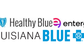 Logos of Louisiana Blue, Entergy Louisiana and Healthy Blue Louisiana displayed side by side, representing partner organizations supporting a statewide hunger relief campaign.