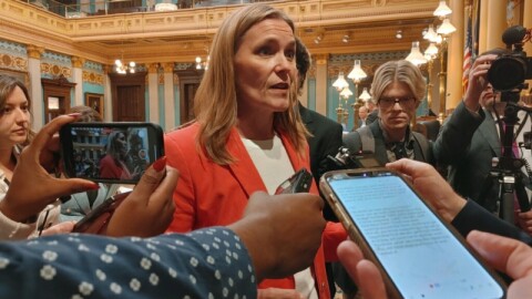 Senate Majority Leader Winnie Brinks (D-Grand Rapids) speaks with reporters early morning Wednesday, October 1, 2025