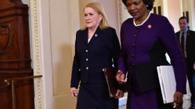 House impeachment managers Reps. Val Demings, right, and Sylvia Garcia arrive for closing statements in President Trump's impeachment trial.