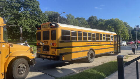 School buses line up outside Milwaukee Parkside School for the Arts on Sept. 23, 2026. Most standard size buses have 70-80 gallon fuel tanks.