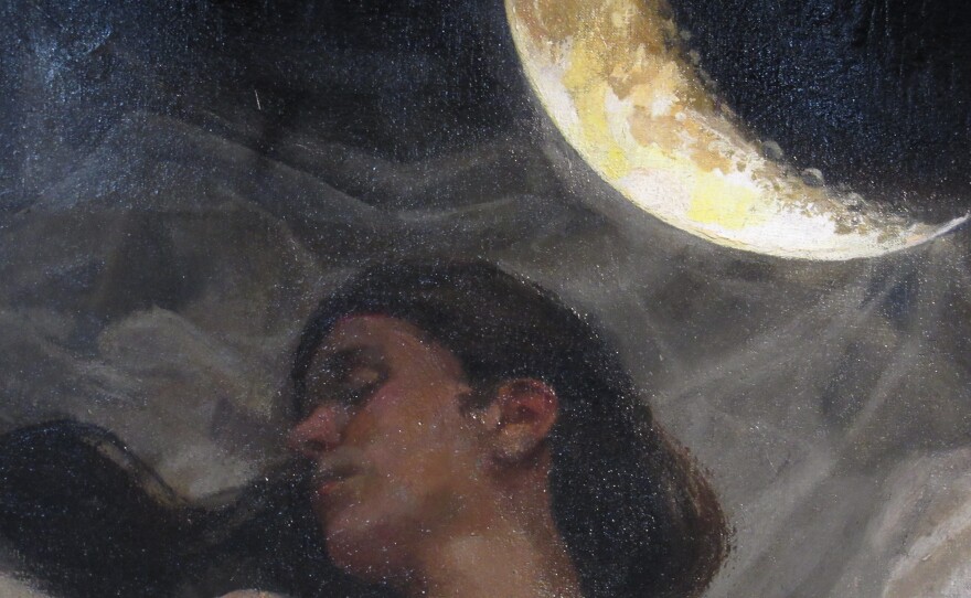 A close up of a painting of a woman with long brown hair against a night sky