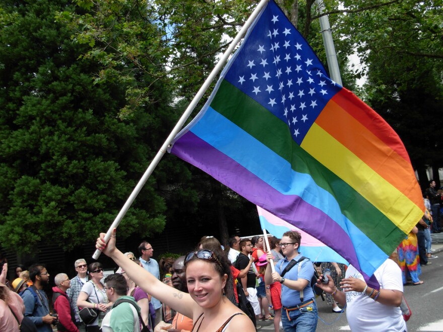 Marchers in the 2014 Pride Parade through downtown Seattle.