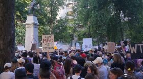 People gather outside the Multnomah County Justice Center to protest the June 2022 Supreme Court Decision to overturn Roe V. Wade, ending a nearly 50-year-old constitutional right to abortion.