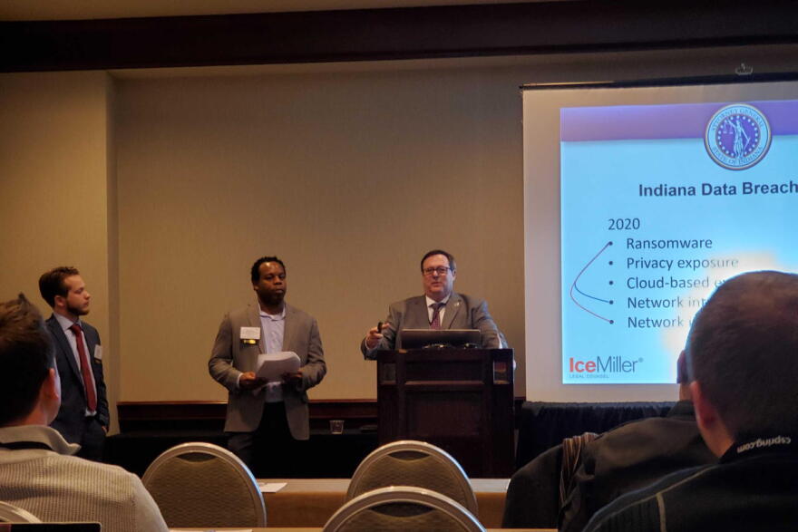 (Left to right) Ice Miller associate Mason Clark and partner Stephen Reynolds present with Office of Attorney General Section Chief Doug Swetnam at the Indiana Chamber 2020 Business Technology Summit.