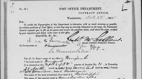 A portion of the application for a post office for Punjaub/Lawrenceton, dated October 3, 1865. Punjaub is marked through and the notation, “ch[anged] na[me] to ‘Lawrenceton’ Apr. 9/77” added. Post Office Department Records of Site Locations, 1837-1955, National Archives and Records Administration, microfilm M1126, Roll 344, Missouri, St. Francois – St. Louis Counties, image 349.