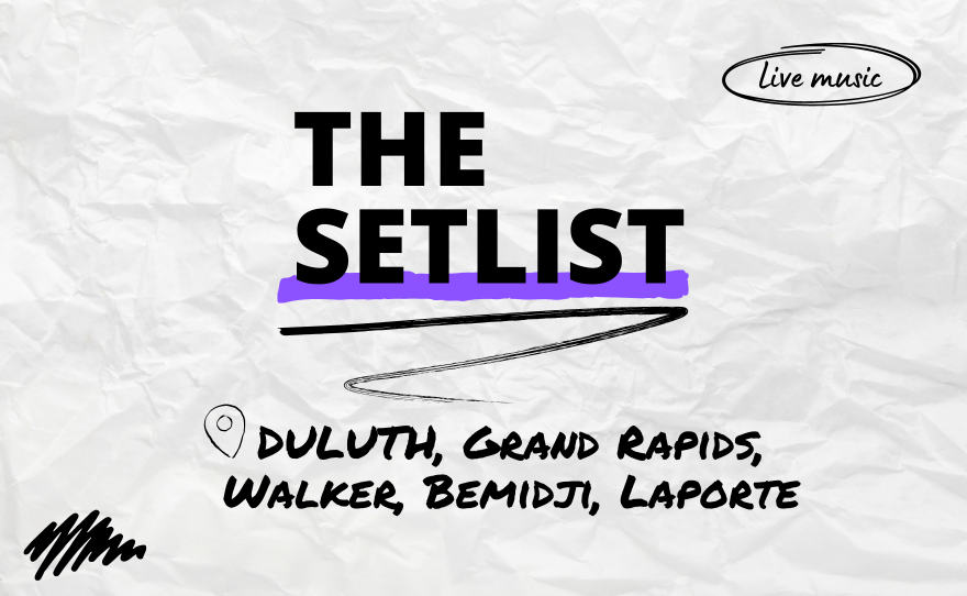 "The Setlist" and "Duluth, Grand Rapids, Walker, Bemidji, Laporte" written on a crumpled paper background.