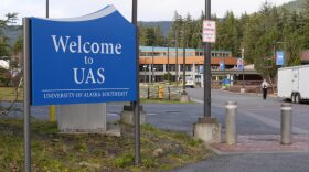 A sign reads "Welcome to UAS" at the University of Alaska Southeast’s Juneau campus.