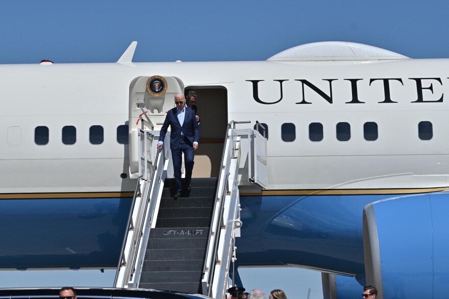 President Joe Biden walks down the steps of Air Force One after landing at the Wilkes-Barre/Scranton International Airport on Tuesday afternoon.