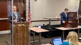 House Speaker Todd Huston (R-Fishers), left, and Senate President Pro Tem Rodric Bray (R-Martinsville), right, talk with reporters on the first day of the 2021 legislative session.