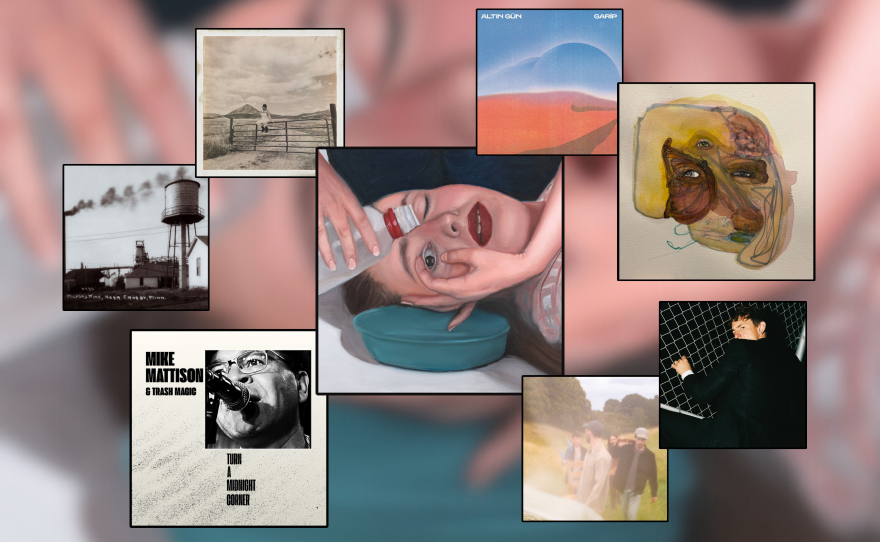A collage of eight different album artworks. The largest is a painting of a woman with something being poured into her eye. Surrounding that are a black and white photo of a water tower, a hazy photo of four people in a field, a man in a black suit holding a chain link fence at night, a man singing into a microphone, a distorted painting of a dog, a red and blue pyschelic landscape and a woman sitting on a fence gate.