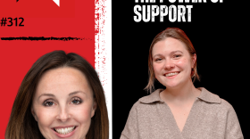 Background from left to right: red, then a vertical, thick white stripe in the middle, then black. from left to right: WN logo in the top corner,  "#312" in black text over the red and . white text reading "REFUGEES, FAMILIES AND THE POWER OF SUPPORT" over the black. photos of the episode's guests at the bottom of the image.