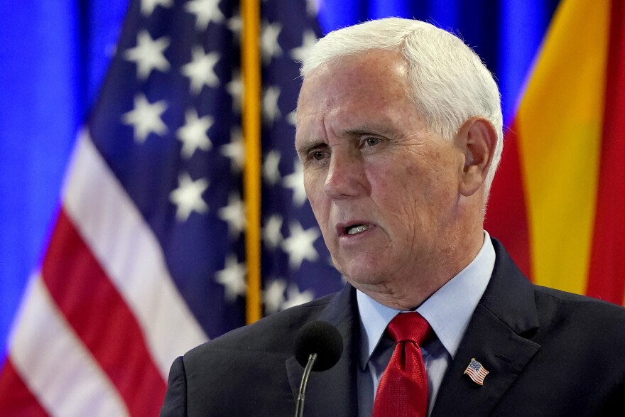 Former Vice President Mike Pence speaks on border security following a border tour, Monday, June 13, 2022, in Phoenix. (AP Photo/Matt York)