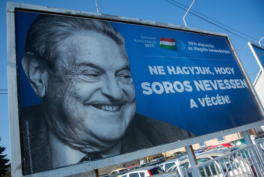 A poster with billionaire George Soros is pictured in July in Székesfehérvár, Hungary.