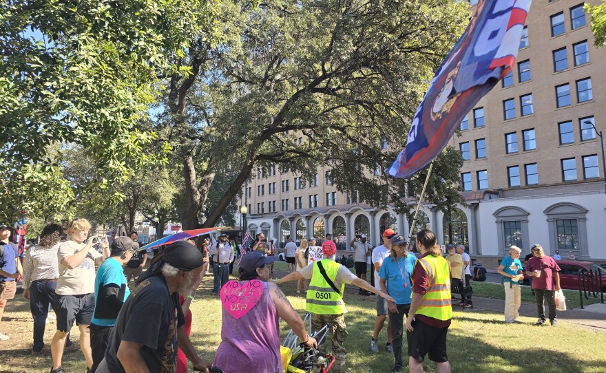 Demonstrators at a No Kings rally in Travis Park in San Antonio, TX on Oct. 18, 2025