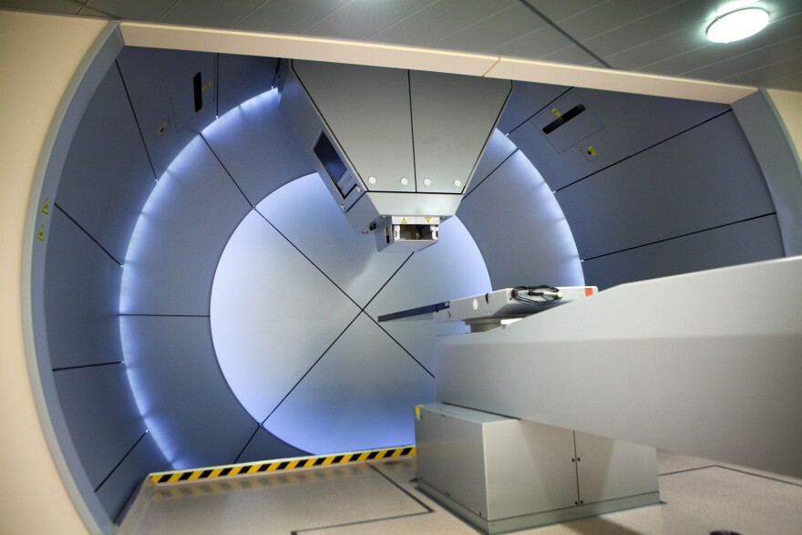 Proton therapy irradiates cancer cells with a beam of protons inside the tumor.