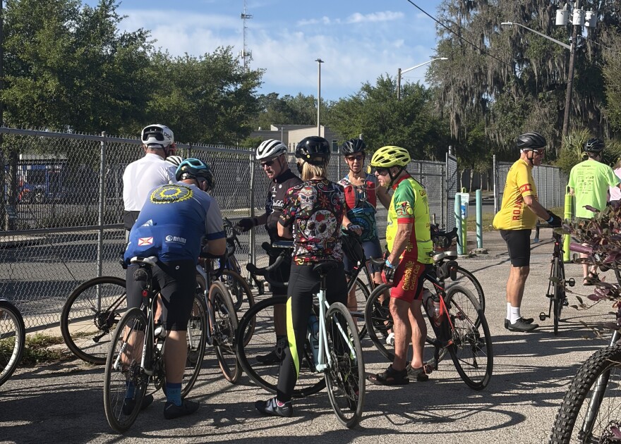Bikers participating in Bike Day get ready to start their journey on the Hawthorne Trail on Saturday, April 11, 2026. (Ciara Carle/WUFT News)