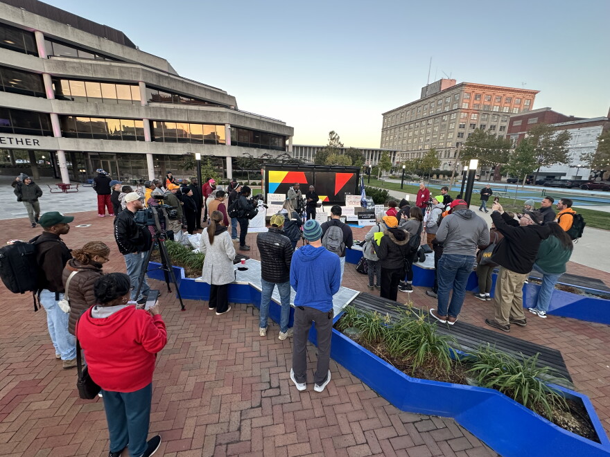 Pastors and other social advocates gather in Springfield's City Plaza on October 21, 2026. They prepared for a 40-miles march to Columbus advocating for permanent protection for Haitian immigrants in Springfield and across Ohio.