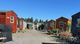 Several small homes are angled along a walkway. 
