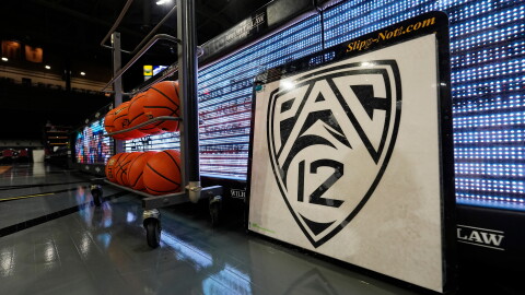 The PAC-12 logo is displayed, March 3, 2024, in Boulder, Colo. 