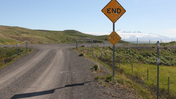 The road out of King Cove ends at the old hovercraft landing on the shore of Cold Bay, about 7 miles from the city of the same name.