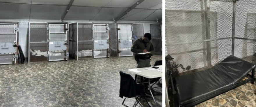 Cages sit lined under a tent with beds contained inside. 