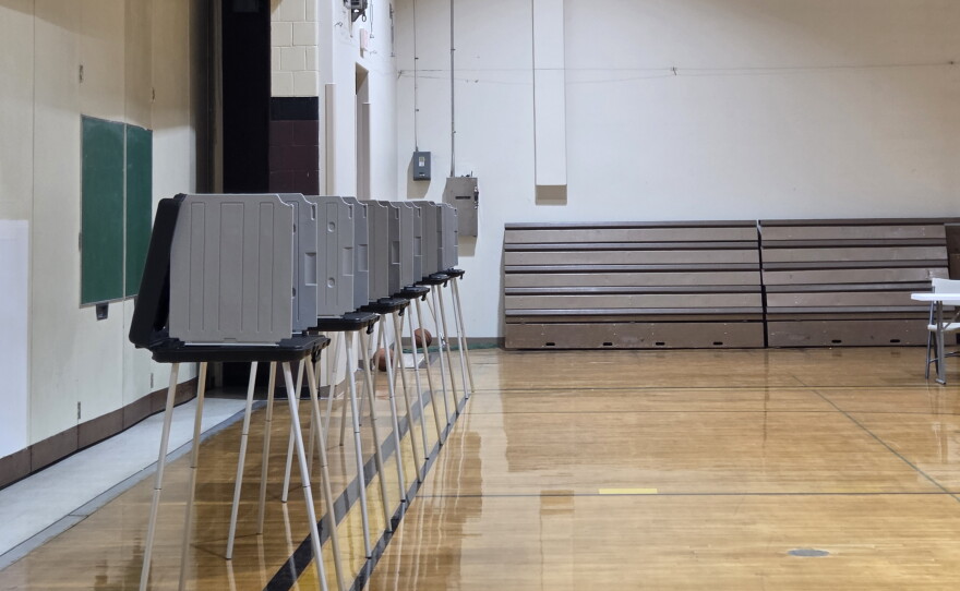 Voting booths are lined up in the Wes Westrum Gymnasium at Clearbrook City Hall for Primary Election Day, Aug. 11, 2026.