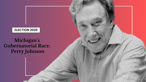 Grayscale photo of a smiling man in a striped shirt with text: "Election 2026. Michigan’s Gubernatorial Race: Perry Johnson" on a pink and red gradient background.