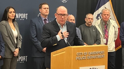 New Davenport Mayor Jason Gordon (who will be sworn in Wednesday, Jan. 7) spoke with the QC media at Davenport Police Department, backed by the City Council, on Tuesday, Jan. 6, 2026.
