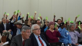 Opponents of Duke Energy's rate hike waved green paper to show support for a speaker at Tuesday's hearing in Charlotte. 