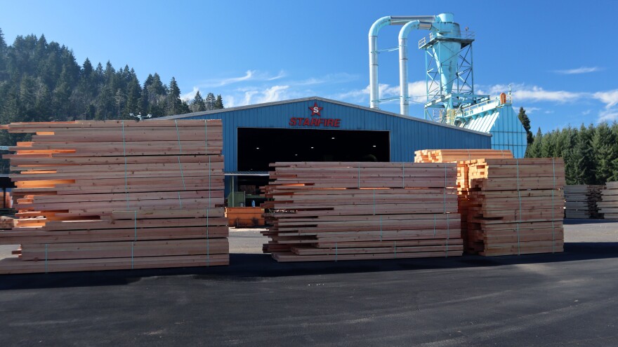 Pallets of lumber sit outside of a building at Starfire Lumber on Feb. 5, 2026.