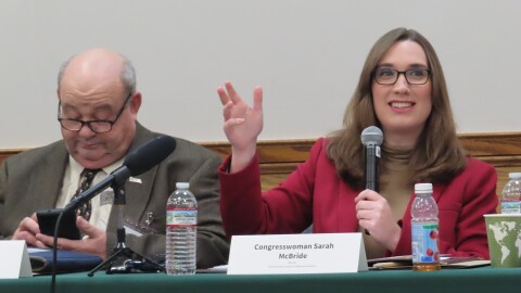 Congresswoman McBride addresses the 75 in attendance for her 2026 Ag Summit