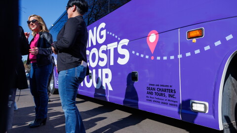 Democratic nominee for governor Jocelyn Benson launched her statewide "Driving Down Costs" bus tour in East Lansing, Mich., on Oct. 22, 2026.