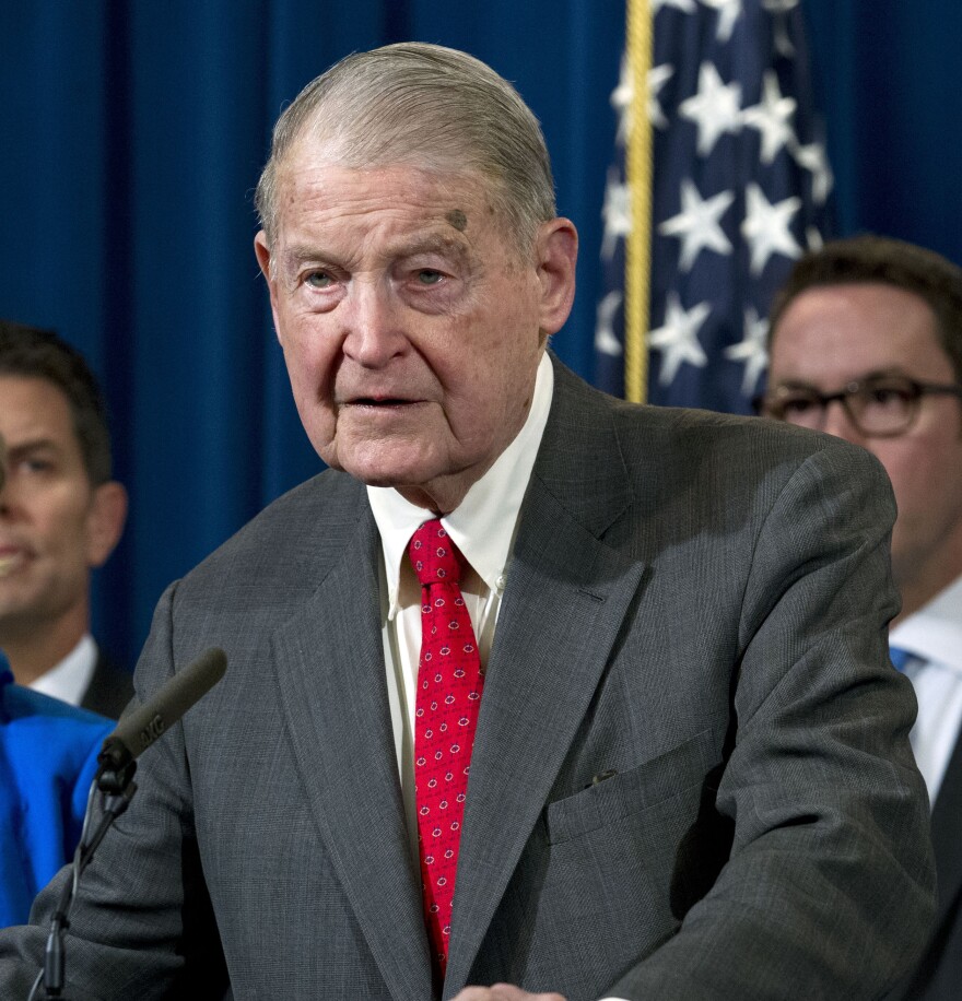 Former FBI director and CIA director William Webster speaks during a news conference to address elder financial exploitation and law enforcement actions, at the Department of Justice in Washington, March 7, 2019. (AP Photo/Jose Luis Magana)