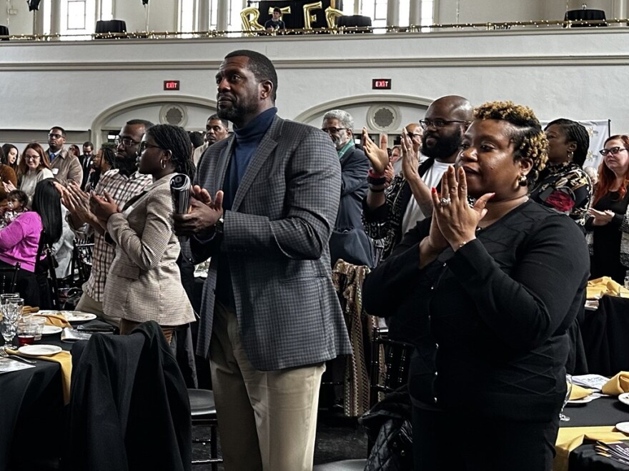 A crowd give a standing ovation after keynote speaker David Kirkland's address at the 12th annual ROC the Future Alliance's State of the Children address and report card release at Harro East Ballroom in downtown Rochester.