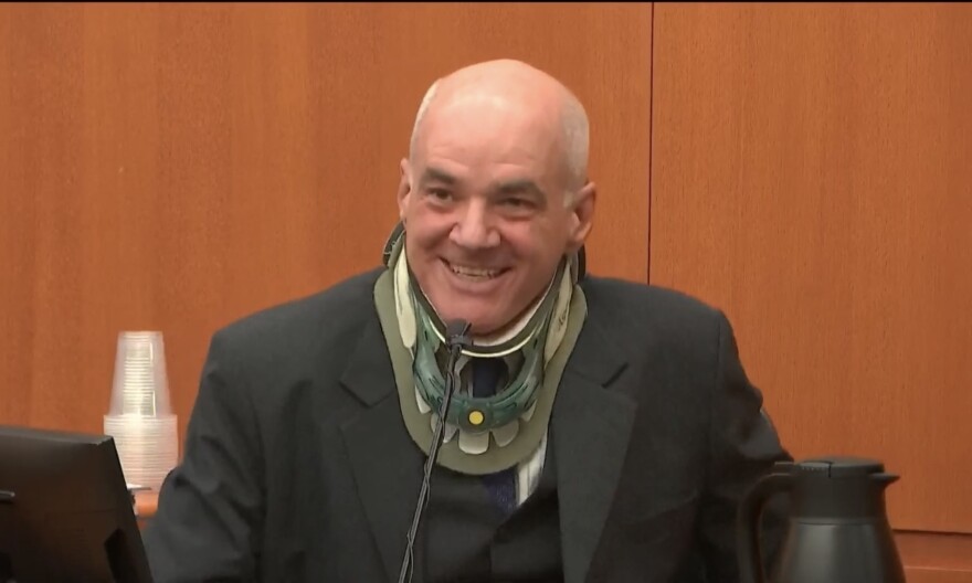 Private investigator Todd Gabler testifies during the Kouri Richins murder trial Monday, March 9, 2026. He was recovering from a procedure fusing vertebrae in his neck.